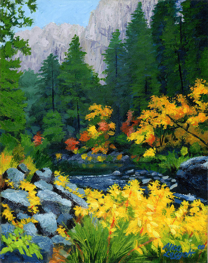 Merced River in Autumn Painting by Alice Leggett