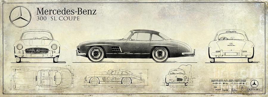Mercedes 300SL Blueprint Drawing A Photograph by Jon Neidert