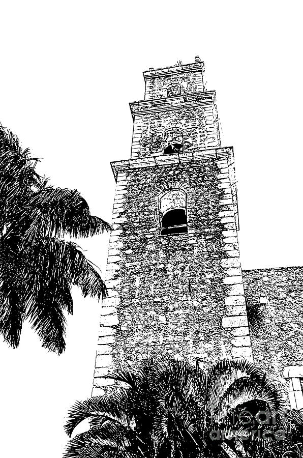 Merida Mexico Grande Plaza Cathedral Tower Black and White Digital Art Digital Art by Shawn OBrien