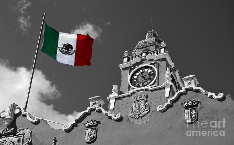 Merida Yucatan Mexico Palacio Municipal City Hall and Flag Exterior Main Square Color Splash BW Photograph by Shawn OBrien