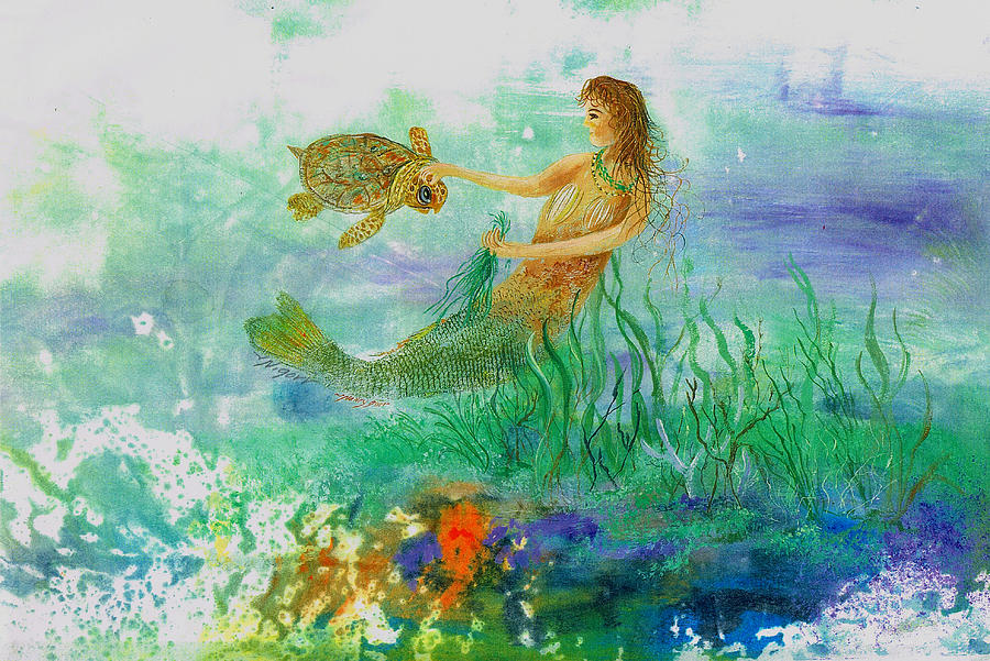 Mermaid Mixed Media - Mermaid And Baby Loggerhead Turtle by Nancy Gorr