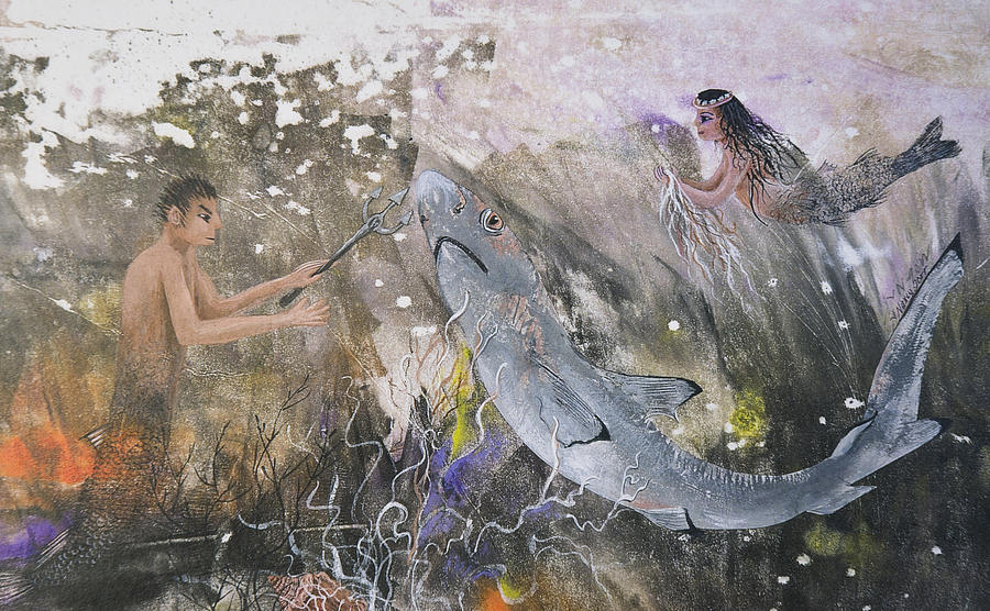 Mermaid Mixed Media - Mermaid And Neptune by Nancy Gorr