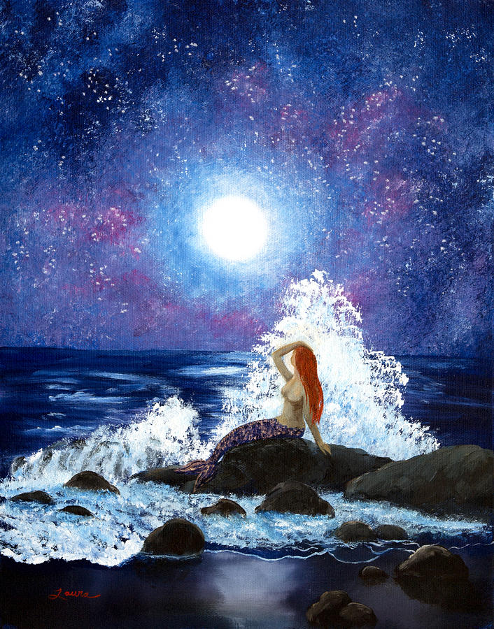 Mermaid Moonbathing Painting by Laura Iverson