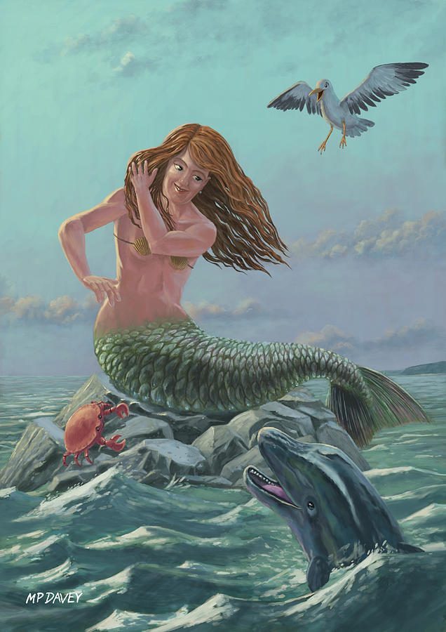 Mermaid On Rock Painting by Martin Davey