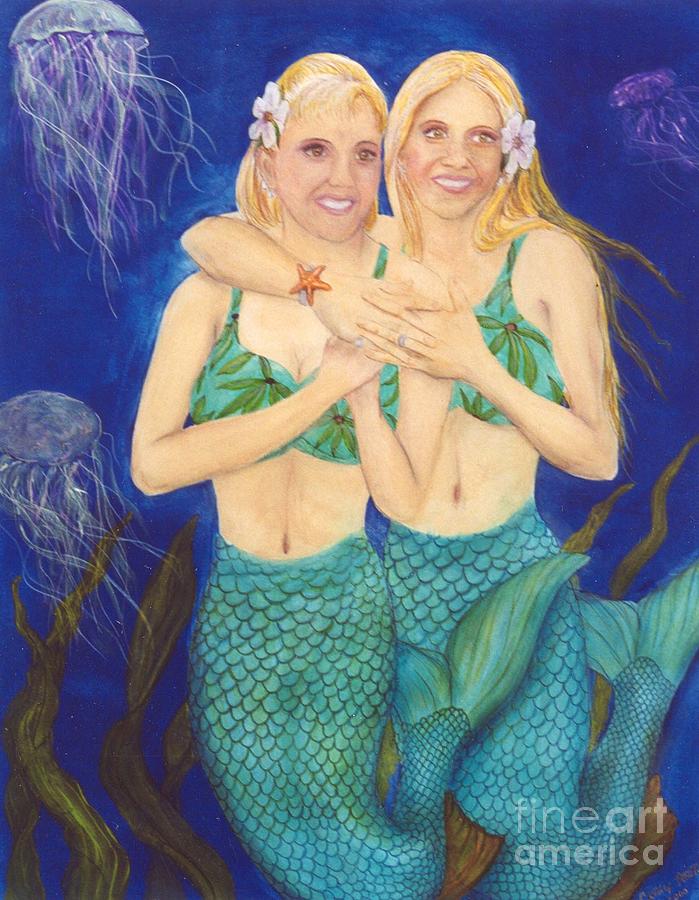 Fish Painting - Mermaid Sisters Jelly Fish Cathy Peek Art by Cathy Peek