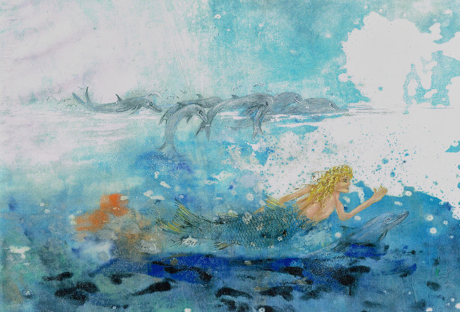 Mermaid Mixed Media - Mermaid Swimming With Dolphins by Nancy Gorr