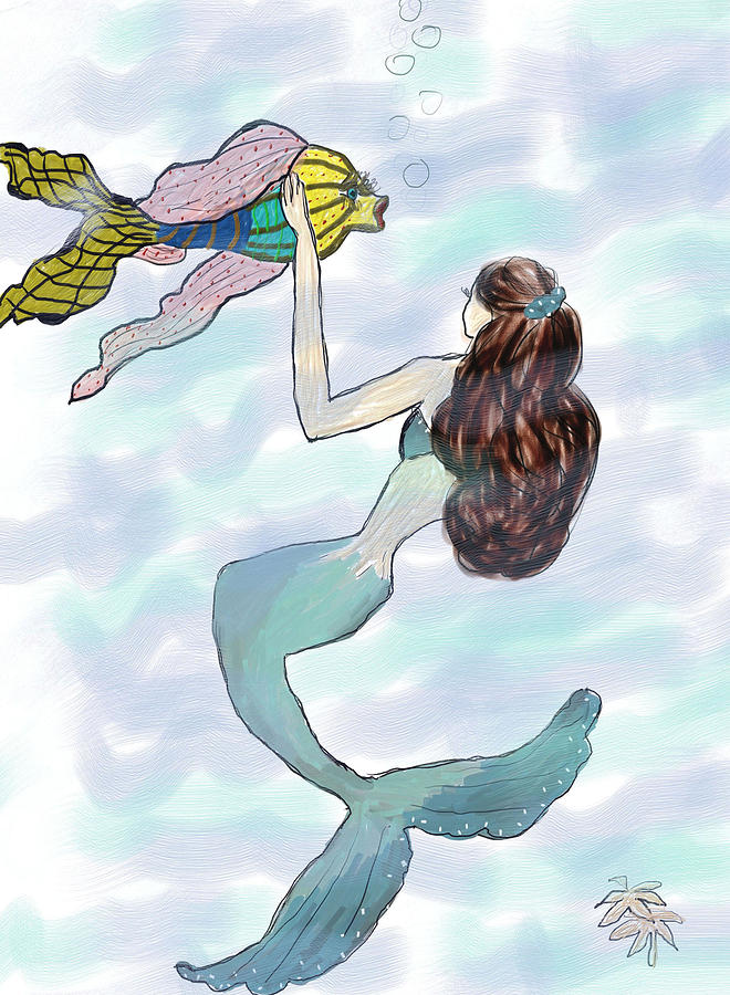 Mermaid with a Big Fish Drawing by Rosalie Scanlon