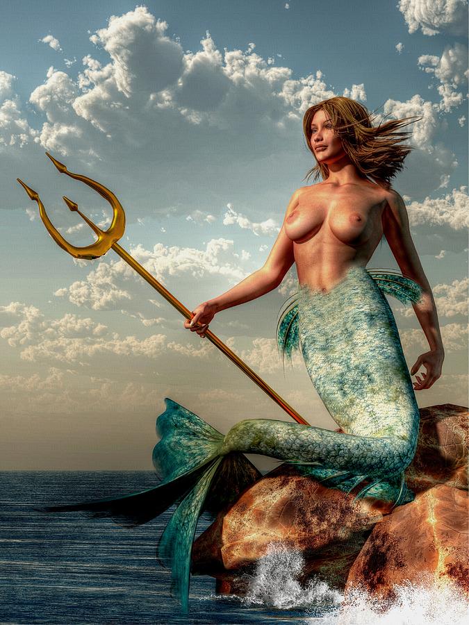 Mermaid With Golden Trident Painting by Kaylee Mason