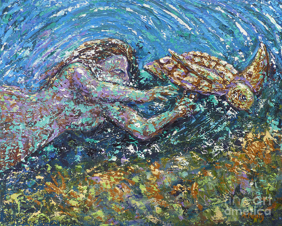 Mermaid with Turtle Painting by Audrey Peaty