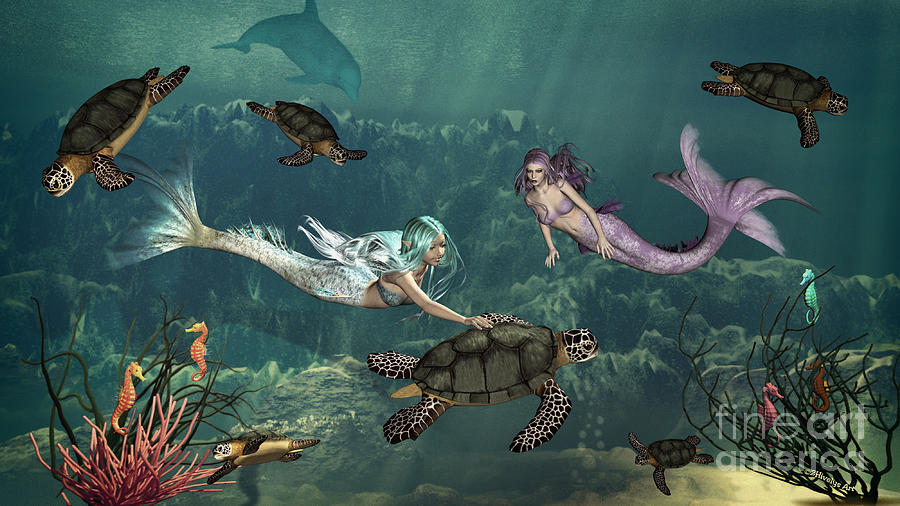 Seahorse Painting - Mermaids At Turtle Springs by Two Hivelys