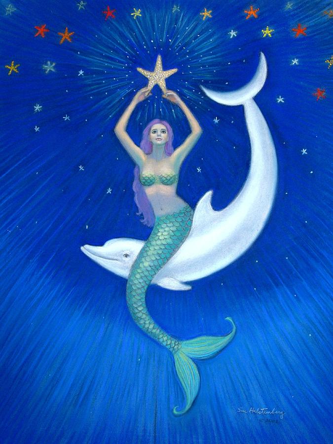 Mermaids- Dolphin Moon Mermaid Painting by Sue Halstenberg