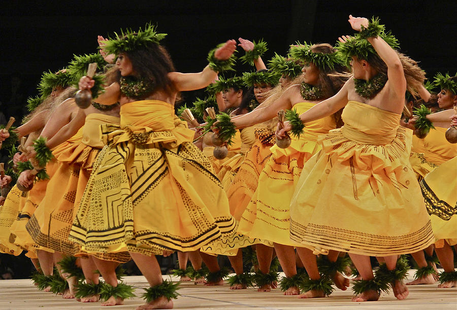 Merrie Monarch Hula Dancers in Yellow Dresses Photograph by Venetia Featherstone-Witty