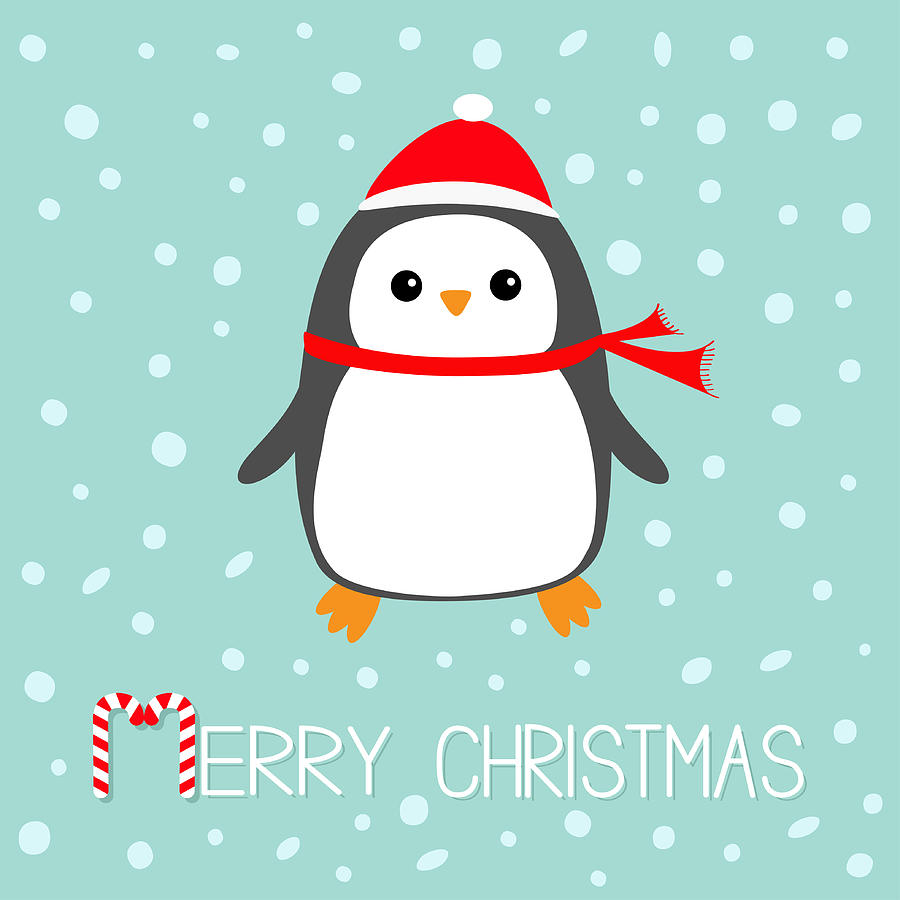 Merry Christmas Candy Cane Text Kawaii Penguin Bird Red Santa Claus Hat Scarf Cute Cartoon Baby Character Flat Design Winter Antarctica Blue