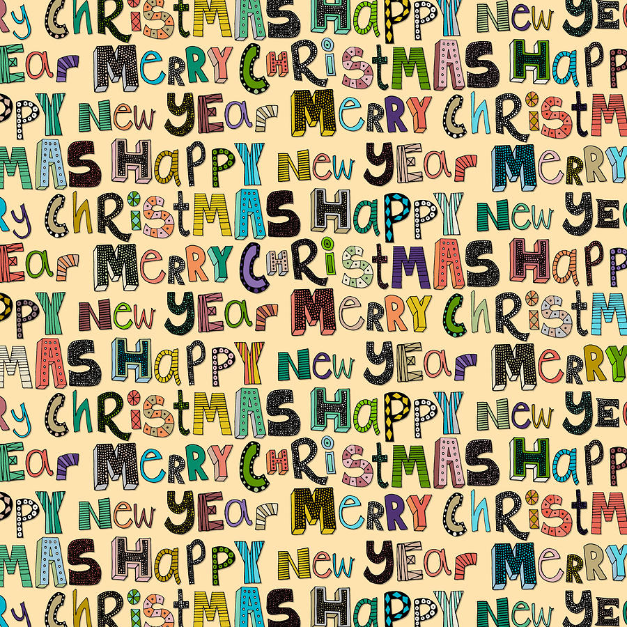 Typography Drawing - Merry Christmas Happy New Year by MGL Meiklejohn Graphics Licensing