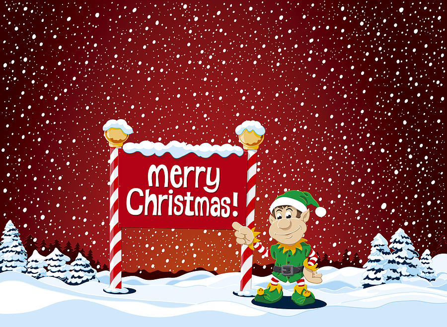 Elf Digital Art - Merry Christmas Sign Christmas Elf Winter Landscape by Frank Ramspott