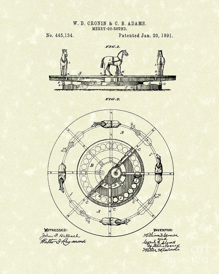 Merry-Go-Round 1891 Patent Art Drawing by Prior Art Design