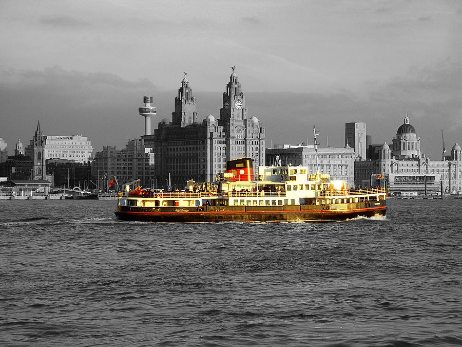 Mersey Ferry and Liverpool Waterfront spot colour Photograph by Steve Kearns