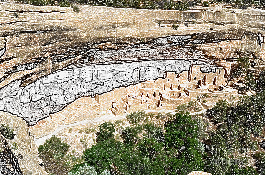 Mesa Verde National Park Cliff Palace Anasazi Ruin Colored Pencil Digital Art by Shawn OBrien