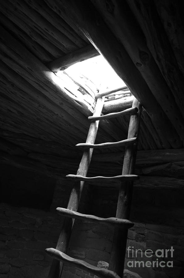 Mesa Verde National Park Kiva Ladder Black and White Photograph by Shawn OBrien