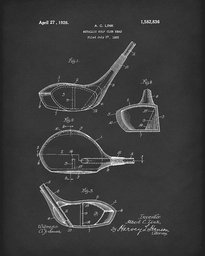 Metallic Golf Club Head 1926 Patent Art Black Drawing by Prior Art Design