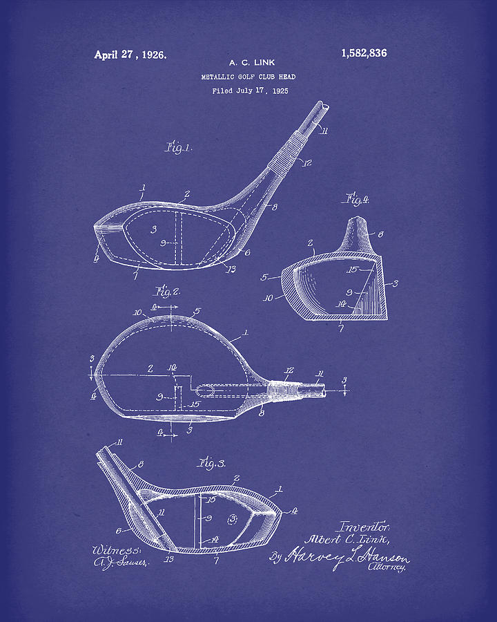 Metallic Golf Club Head 1926 Patent Art Blue Drawing by Prior Art Design