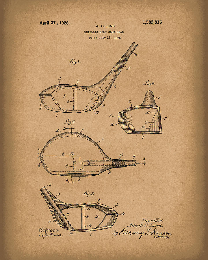 Metallic Golf Club Head 1926 Patent Art Brown Drawing by Prior Art Design