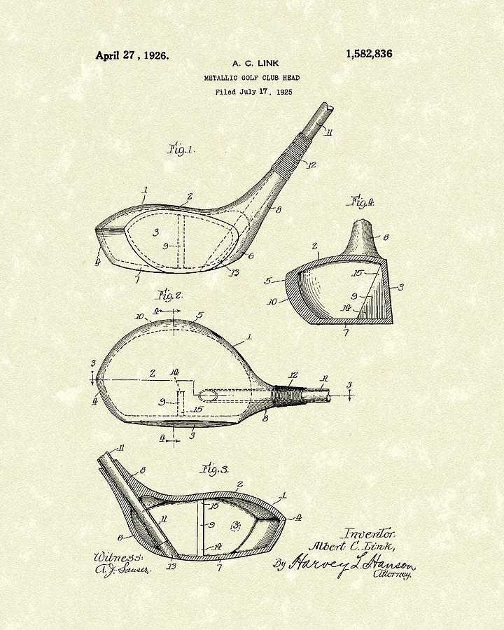 Metallic Golf Club Head 1926 Patent Art Drawing by Prior Art Design