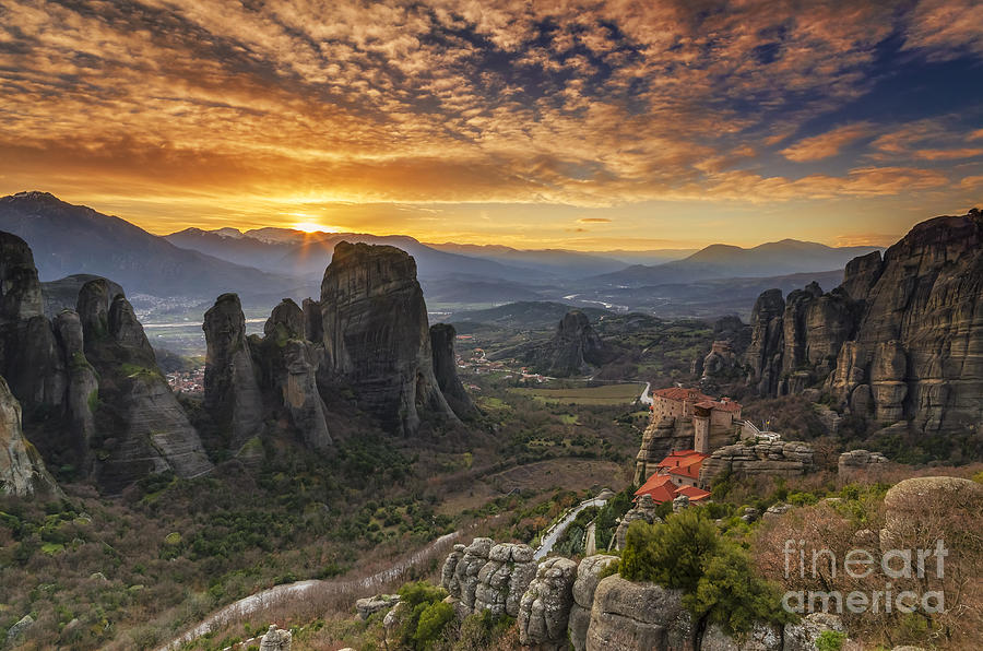 Nature Photograph - Meteora holy sunset by George Papapostolou