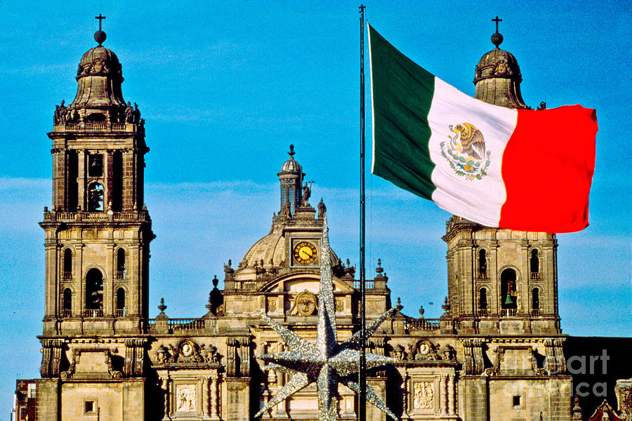 Mexican Flag And Cathedral Photograph by Spencer Grant
