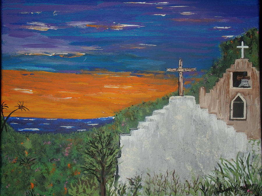 Sunset Painting - Mexican seaside church by Daniel Nadeau