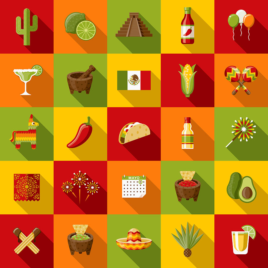 Mexico Flat Design Icon Set with Side Shadow Drawing by Bortonia