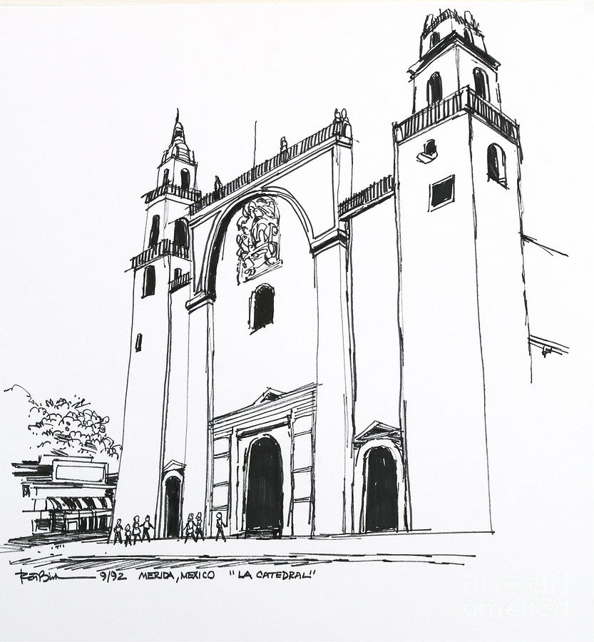 Mexico Merida La Catedral Drawing by Robert Birkenes