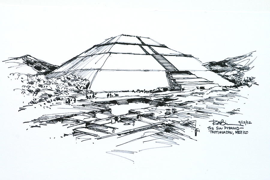 Mexico Teotihuacan Sun Pyramid Drawing by Robert Birkenes