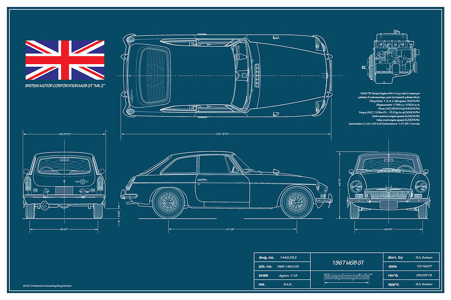 Car Digital Art - MGB GT Blueplanprint by Douglas Switzer
