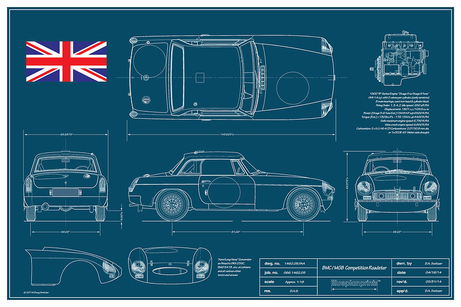 Import Cars Digital Art - MGB Works Racer Blueplanprint  by Douglas Switzer