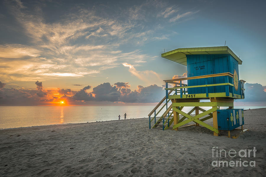 Miami Photograph - Miami Beach - 74th Street Sunrise - Lifeguard Hut - HDR by Ian Monk