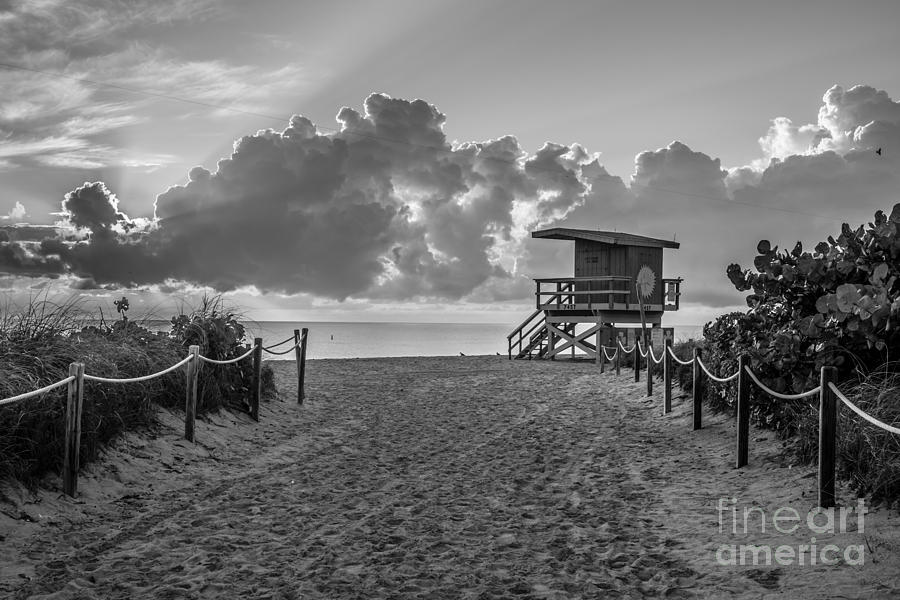 Black And White Photograph - Miami Beach Entrance Sunrise - Black and White by Ian Monk