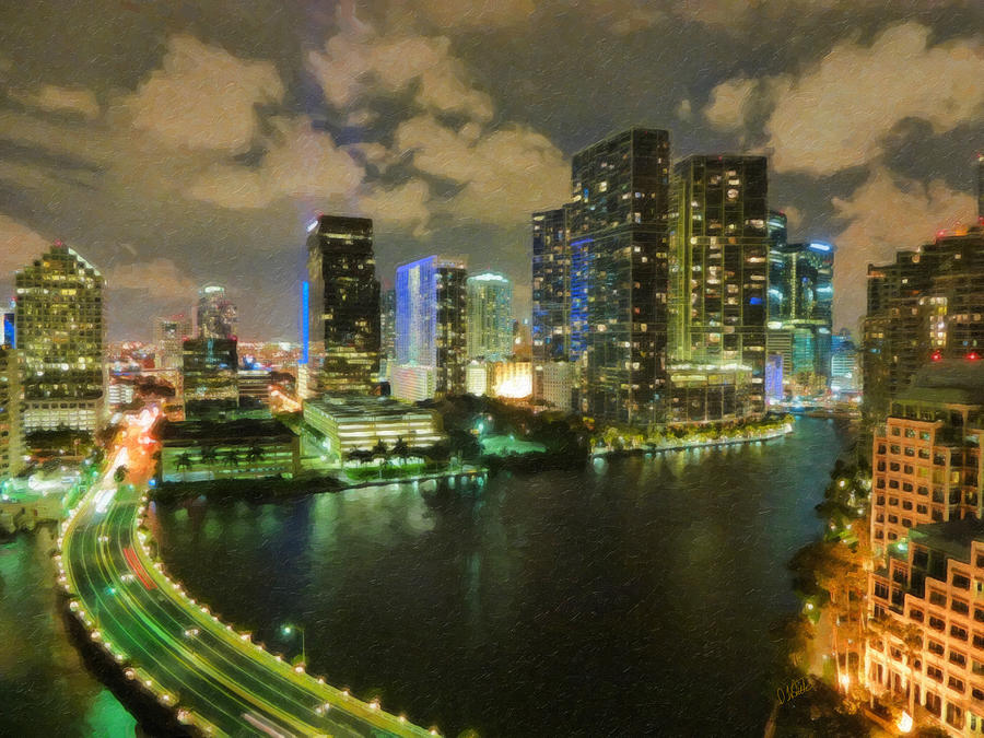 Miami Skyline at Night Painting by Dean Wittle