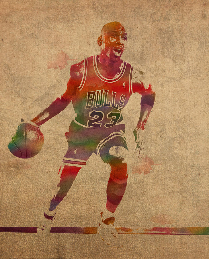 Michael Jordan Mixed Media - Michael Jordan Chicago Bulls Vintage Basketball Player Watercolor Portrait on Worn Distressed Canvas by Design Turnpike