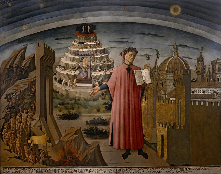 Michelinos fresco Dante Holding The Divine Comedy Painting by Movie Poster Prints