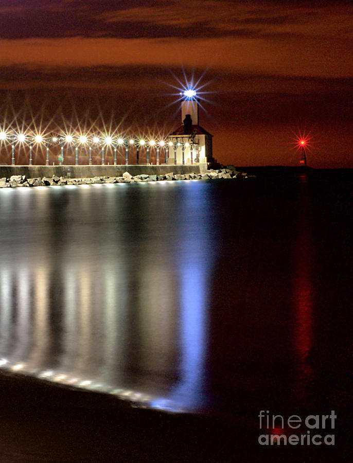 Michigan City Lighthouse with Lights Photograph by Brett Maniscalco