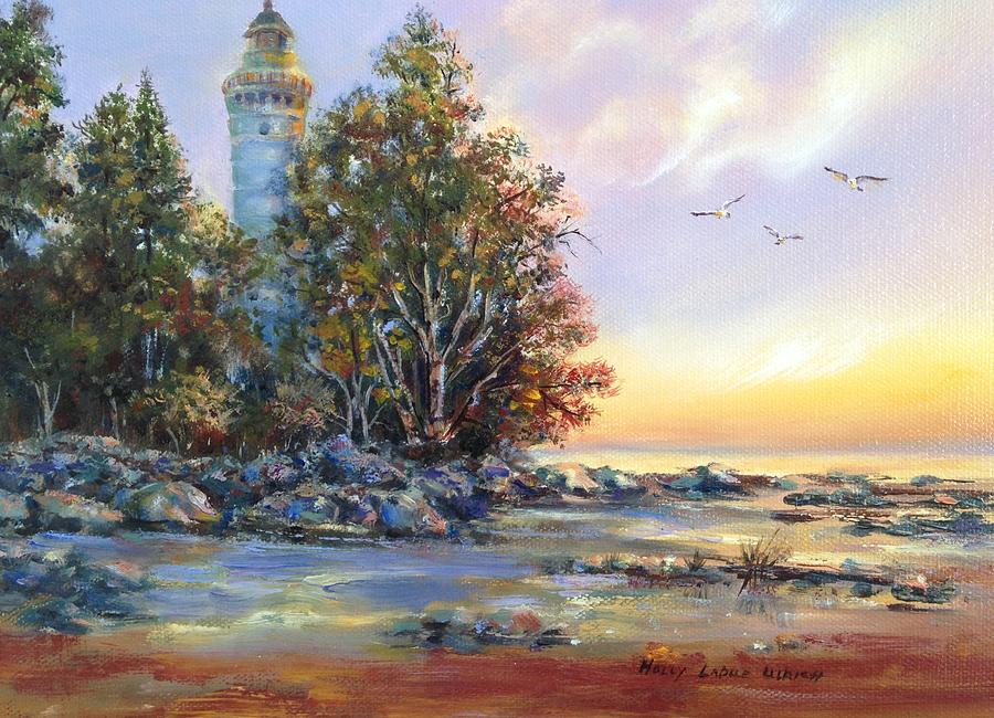 Sunset Painting - Michigan Lake Lighthouse by Holly LaDue Ulrich
