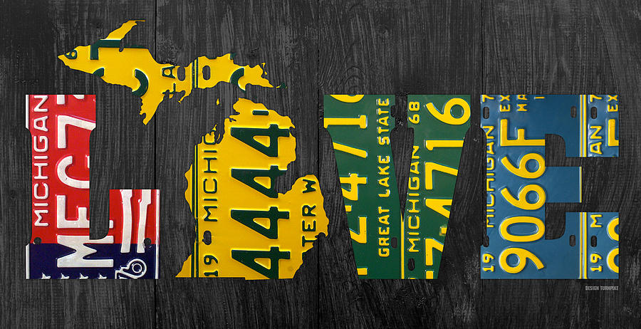 Michigan Love Recycled Vintage License Plate Art State Shape Lettering Phrase Photograph by Design Turnpike