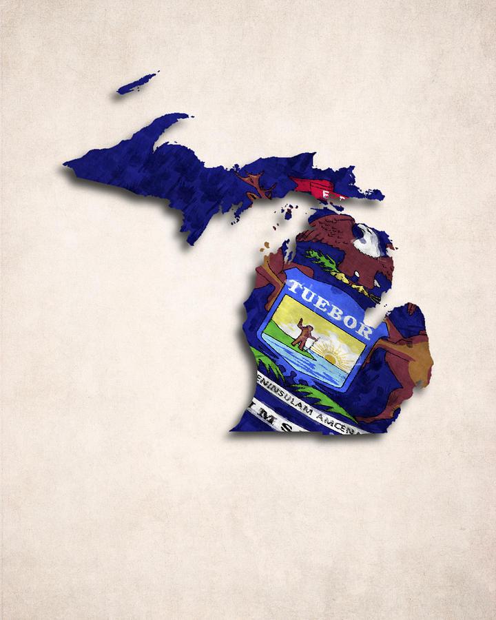 Michigan Map Digital Art - Michigan Map Art with Flag Design by World Art Prints And Designs