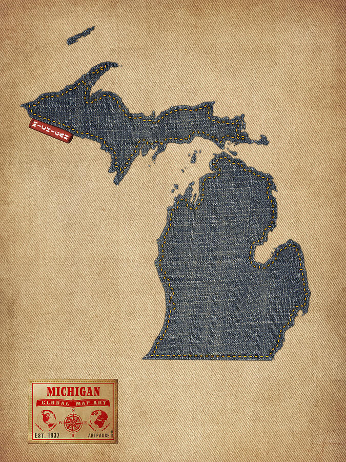Detroit Digital Art - Michigan Map Denim Jeans Style by Michael Tompsett