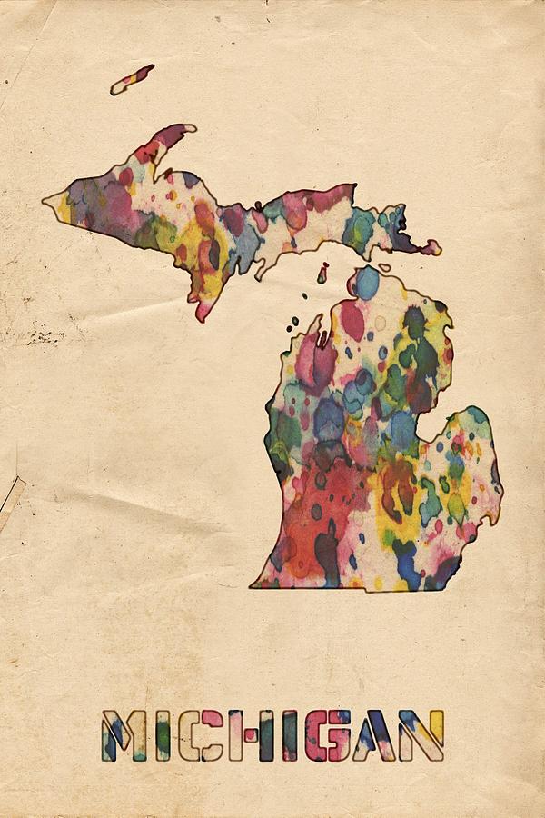 Michigan Map Vintage Watercolor Painting by Florian Rodarte