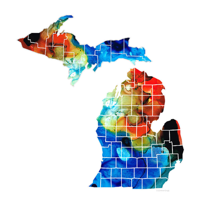 Detroit Lions Painting - Michigan State Map - Counties by Sharon Cummings by Sharon Cummings