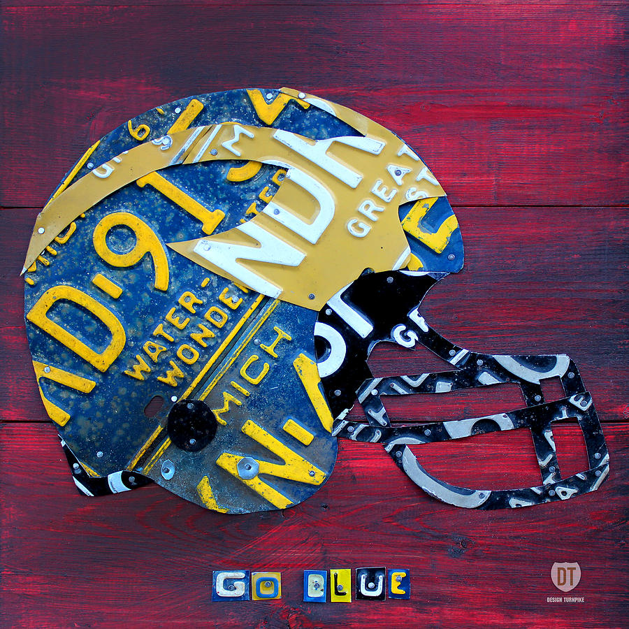 Football Mixed Media - Michigan Wolverines College Football Helmet Vintage License Plate Art by Design Turnpike