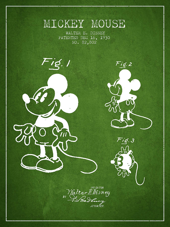 Vintage Digital Art - Mickey Mouse patent Drawing from 1930 - Green by Aged Pixel