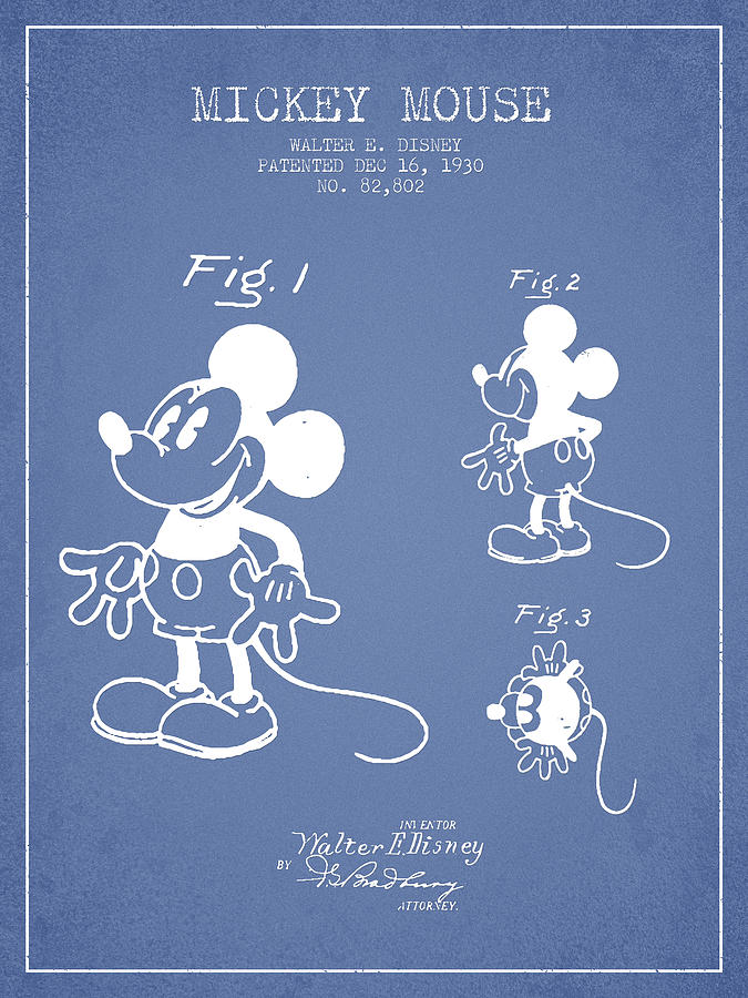 Mickey Mouse Patent Drawing From 1930 - Light Blue Digital Art